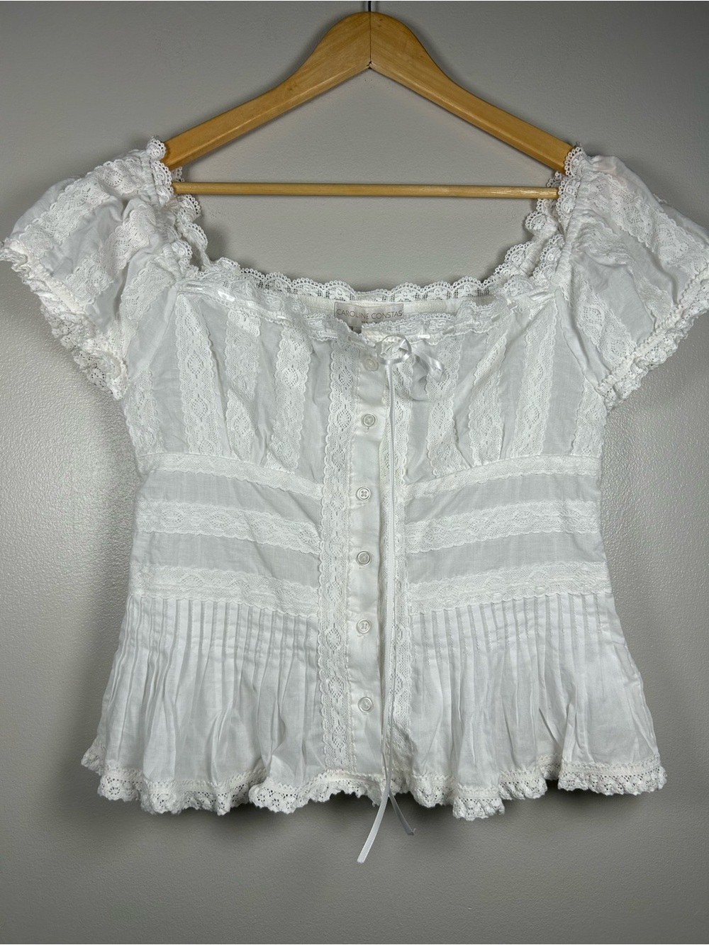 Caroline Constas White Cotton Lace-Trim Corset Peasant Romantic Blouse Peplum - Picture 3 of 10